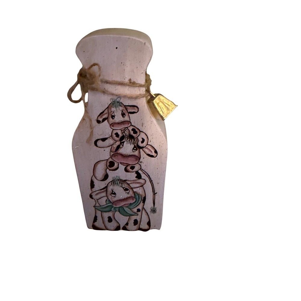Vintage Farmhouse Hand Painted Wooden Milk Bottle Cow Stack Decor with Cowbell